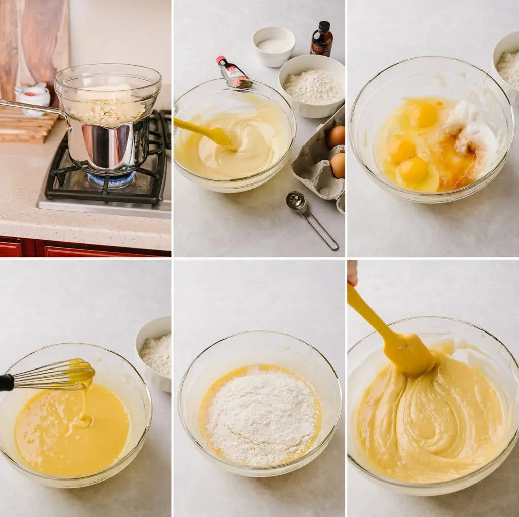 This is a collage of the initial steps of this recipe, ending with a prepared batter. 