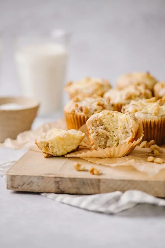 banana cream cheese muffin with a bite taken out