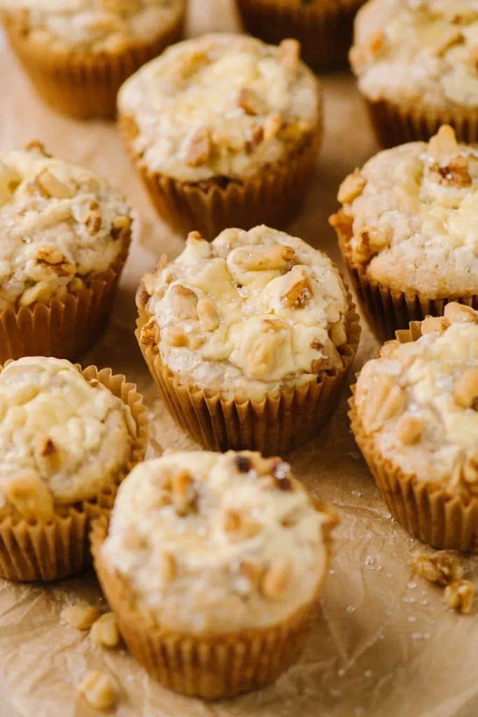 close up of banana cream cheese muffins