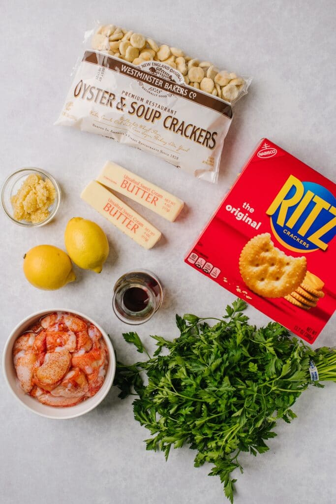 ritz crackers, lobster, butter, lemon, parsley, garlic, sherry, oyster crackers