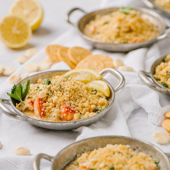 individual dishes of lazy lobster casserole with ritz cracker topping