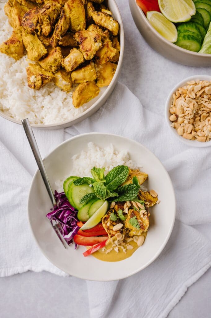 Chicken Satay Bowls with Peanut Dressing and rice and veggies