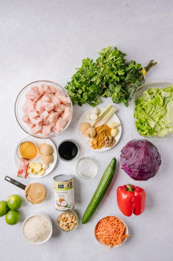 ingredients for chicken satay bowls with peanut dressing