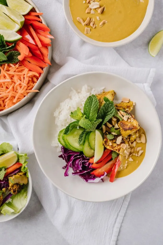Chicken Satay Bowls with Peanut Dressing with Rice and Veggies