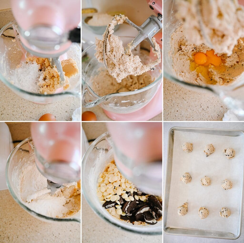 collage of ingredients and preparation of cookies and cream pudding cookies