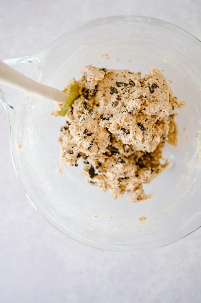 ingredients mixed in a mixing bowl for cookies and cream pudding cookies 