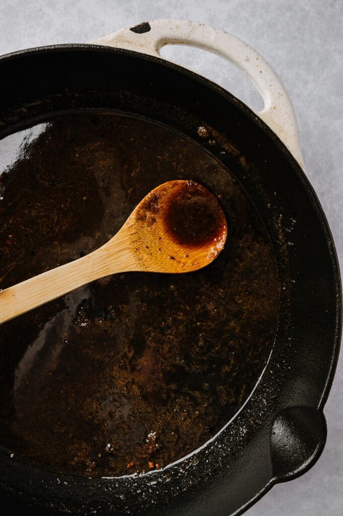 making pan sauce in a cast iron skillet