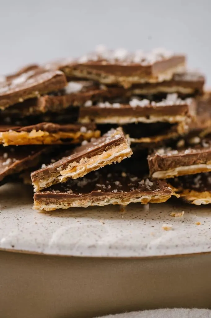 close up of platter of salted matzah toffee 