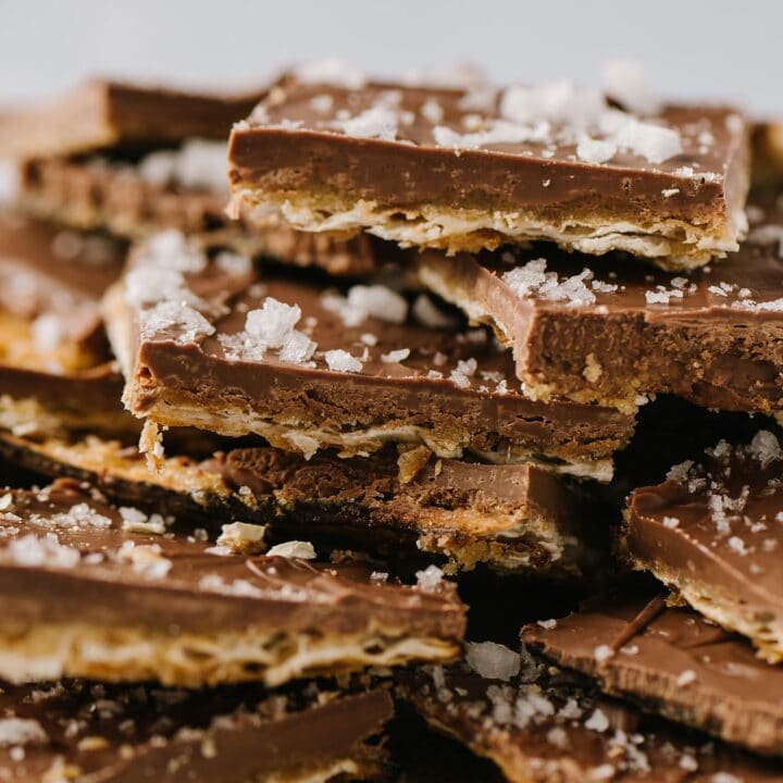 close up of salted toffee matzah