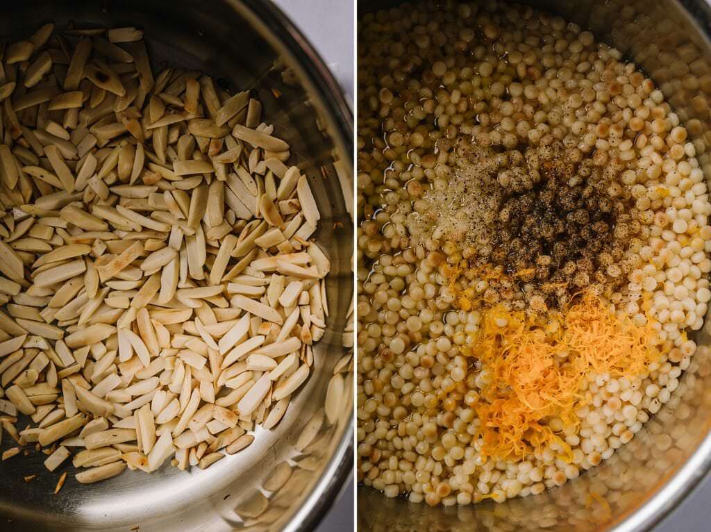 toasting almonds in a saucepan on left and isreali couscous on the right