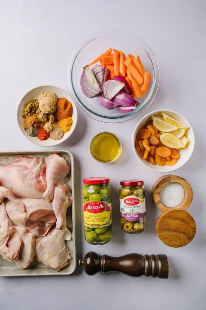 ingredients for making Sheet Pan Moroccan Chicken with Olives and Apricots
