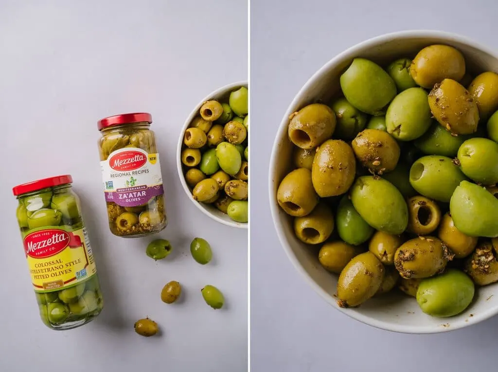two jars of olives with a close up of olives