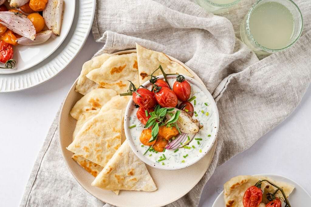 Whipped Herbed Goat Cheese with Roasted Tomatoes and Homemade Flatbreads