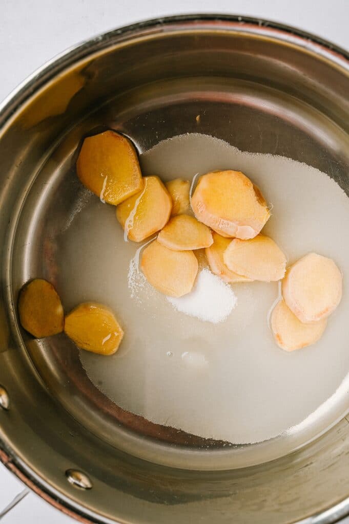 ginger, sugar, and water in a saucepan