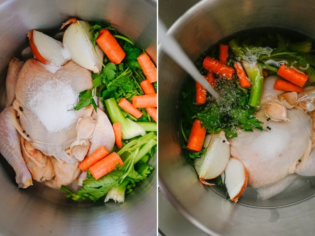 collage of ingredients for chicken soup with homemade noodles