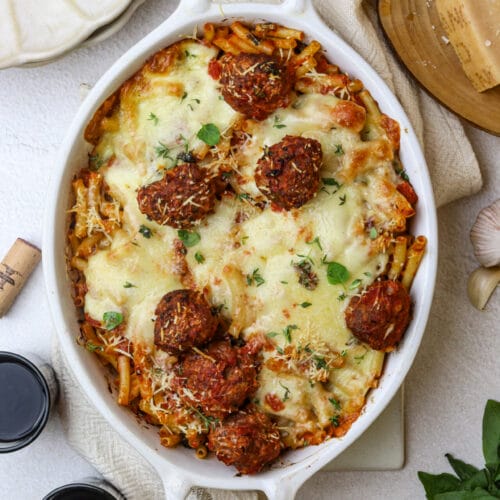Baked Ziti with Meatballs featured image take from above