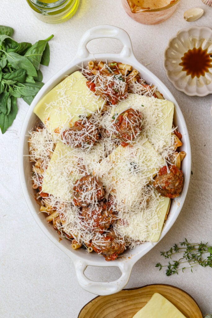 Baked Ziti with Meatballs step taken from the top