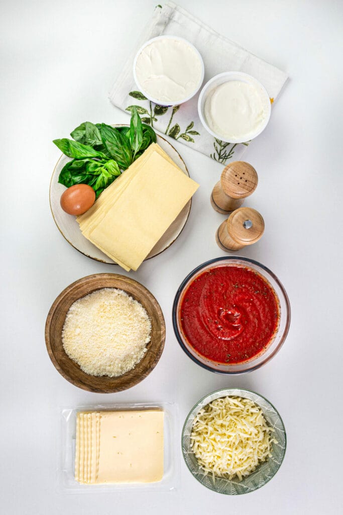 Homemade Cheese Lasagna ingredients top shot