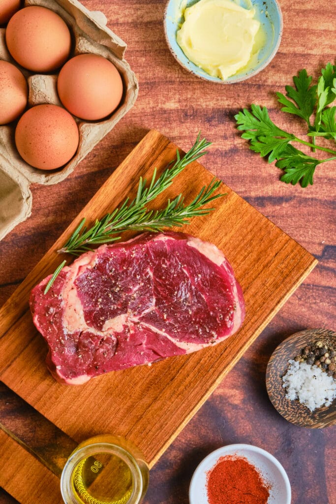 Steak and Eggs Recipe ingredients top shot
