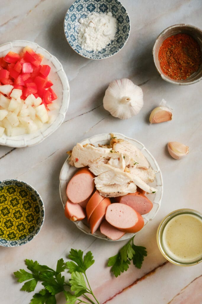 Chicken and Sausage Gumbo Recipe top shot ingredients