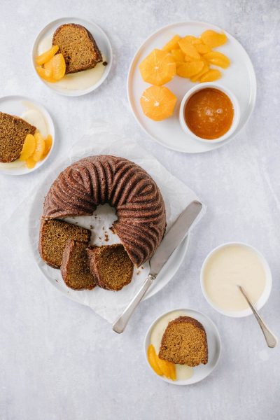 slices of gingerbread cake and orange segments